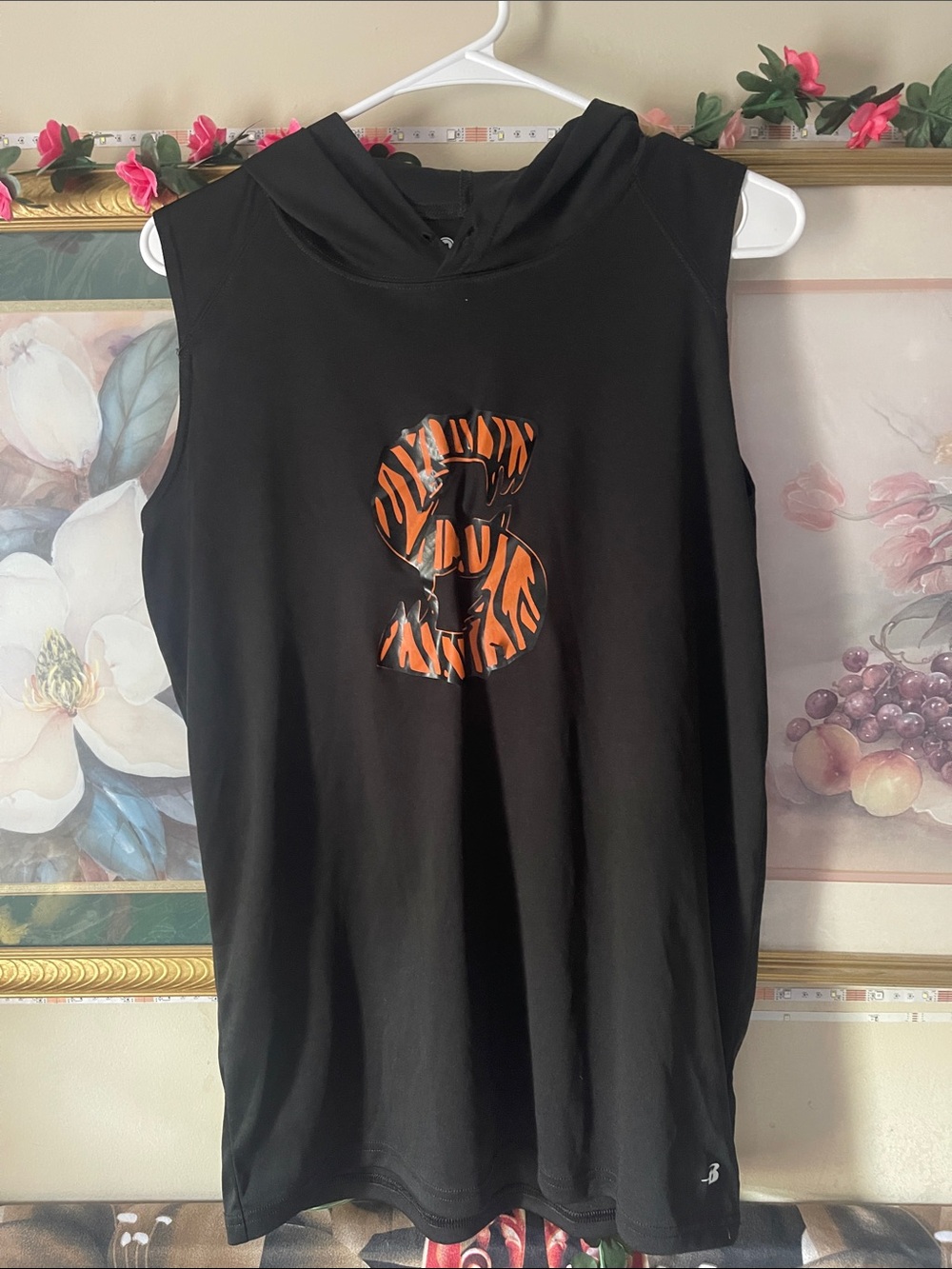 Black Sleeveless Hooded Muscle Tee with Orange Tiger 'S' Graphic